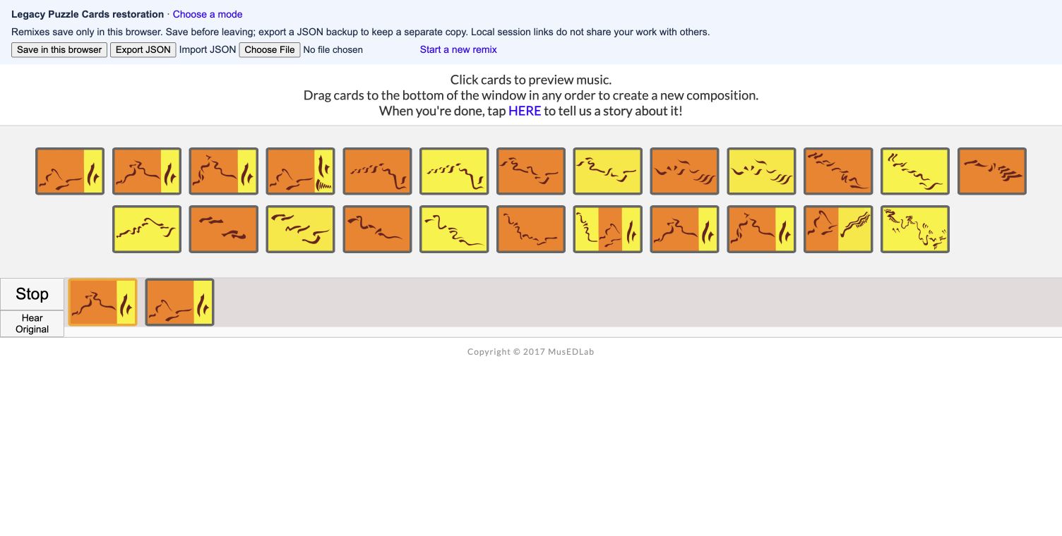 Restored Puzzle Cards Remix interface with graphical music cards and local save controls