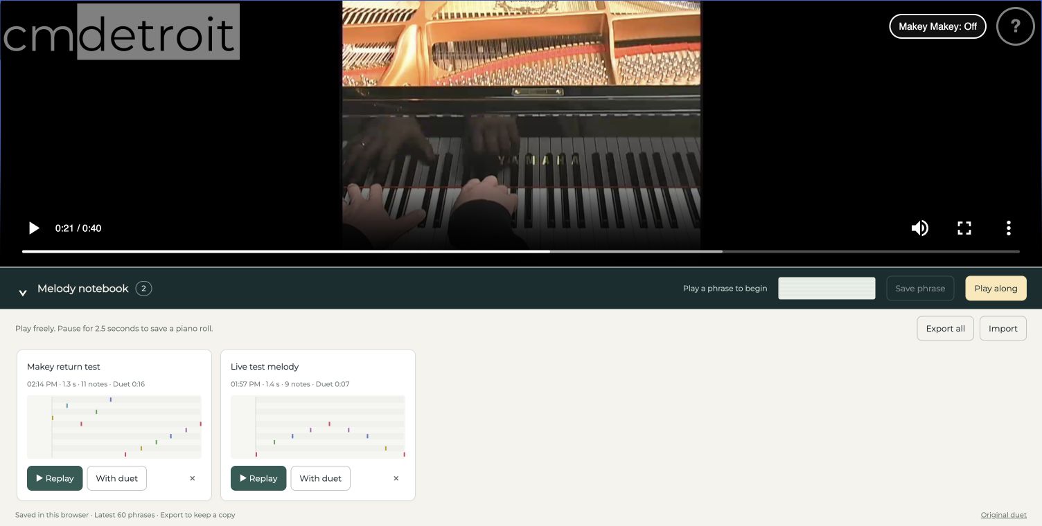 Virtual Piano Duet v2 Melody Notebook with test melodies