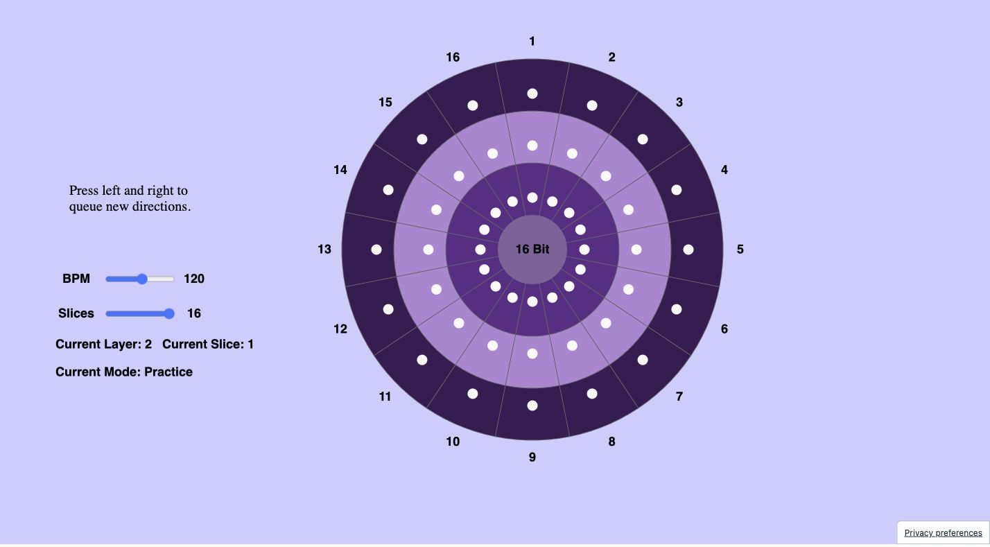 Accessible Groove Pizza’s purple circular drum grid, keyboard instructions, tempo and slice controls.