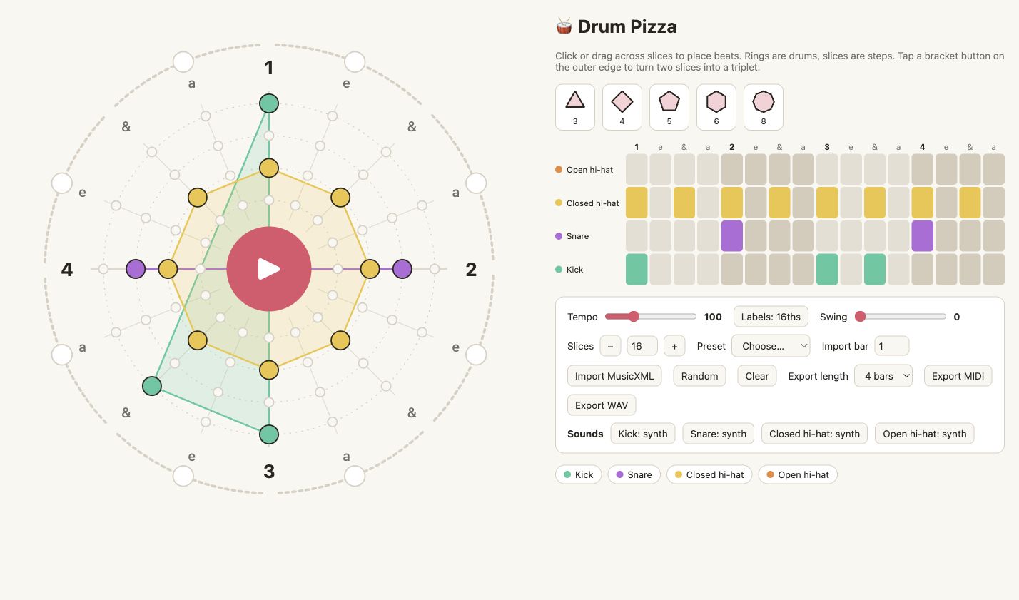 Ethan Hein’s Drum Pizza showing four drum layers, a circular rhythm pattern, step grid and sound-loading controls.