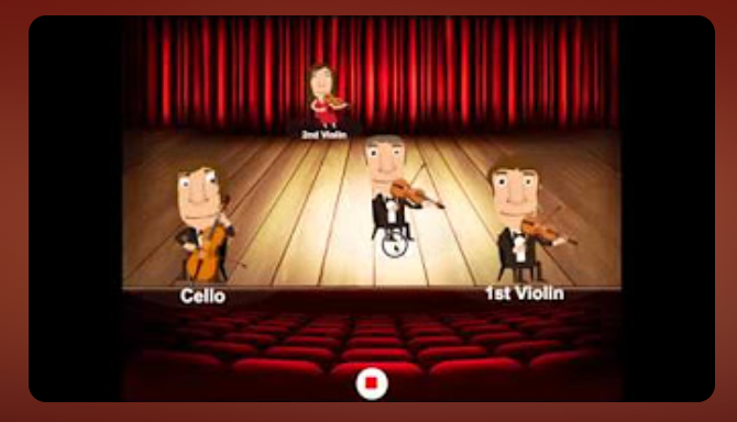 MusicDelta’s animated string ensemble on a stage