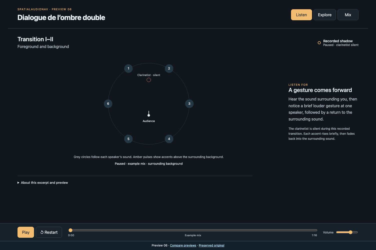 SpatialAudioNav Preview 06 with Listen, Explore and Mix controls and a six-speaker map